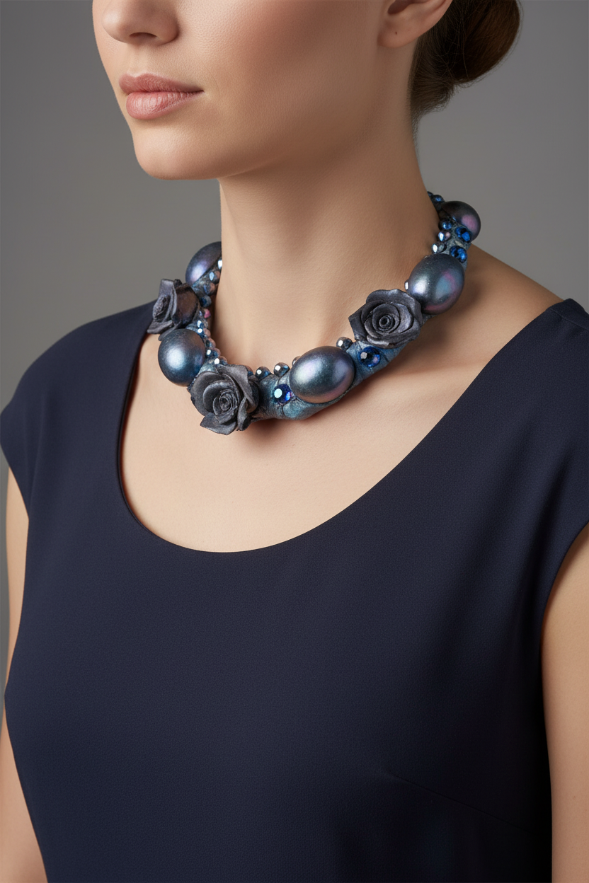 collier dark alternative - fleur rose perles strass pierre vert violet bleu - fantasy