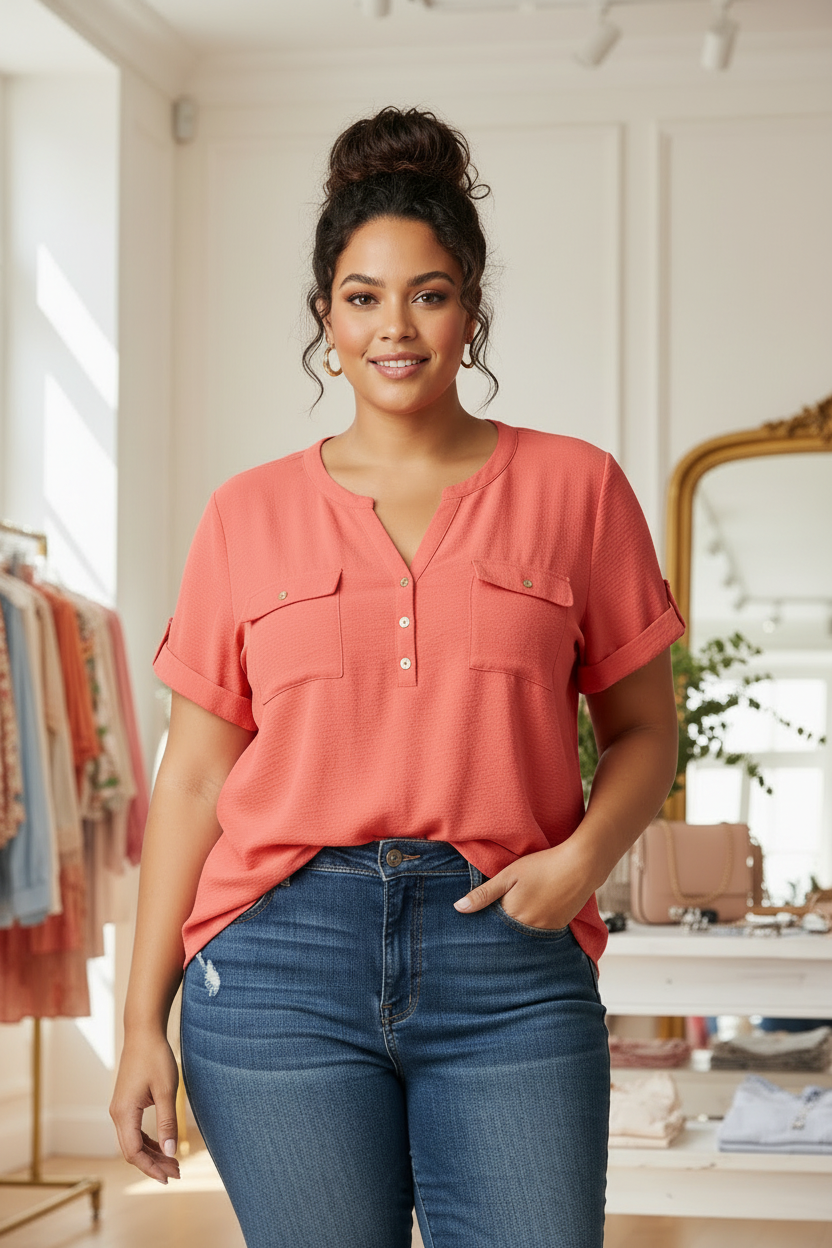 blouse manches courtes - fluide - armand thiery - taille xl - idéal 44 -rose corail - élégant - Neuve