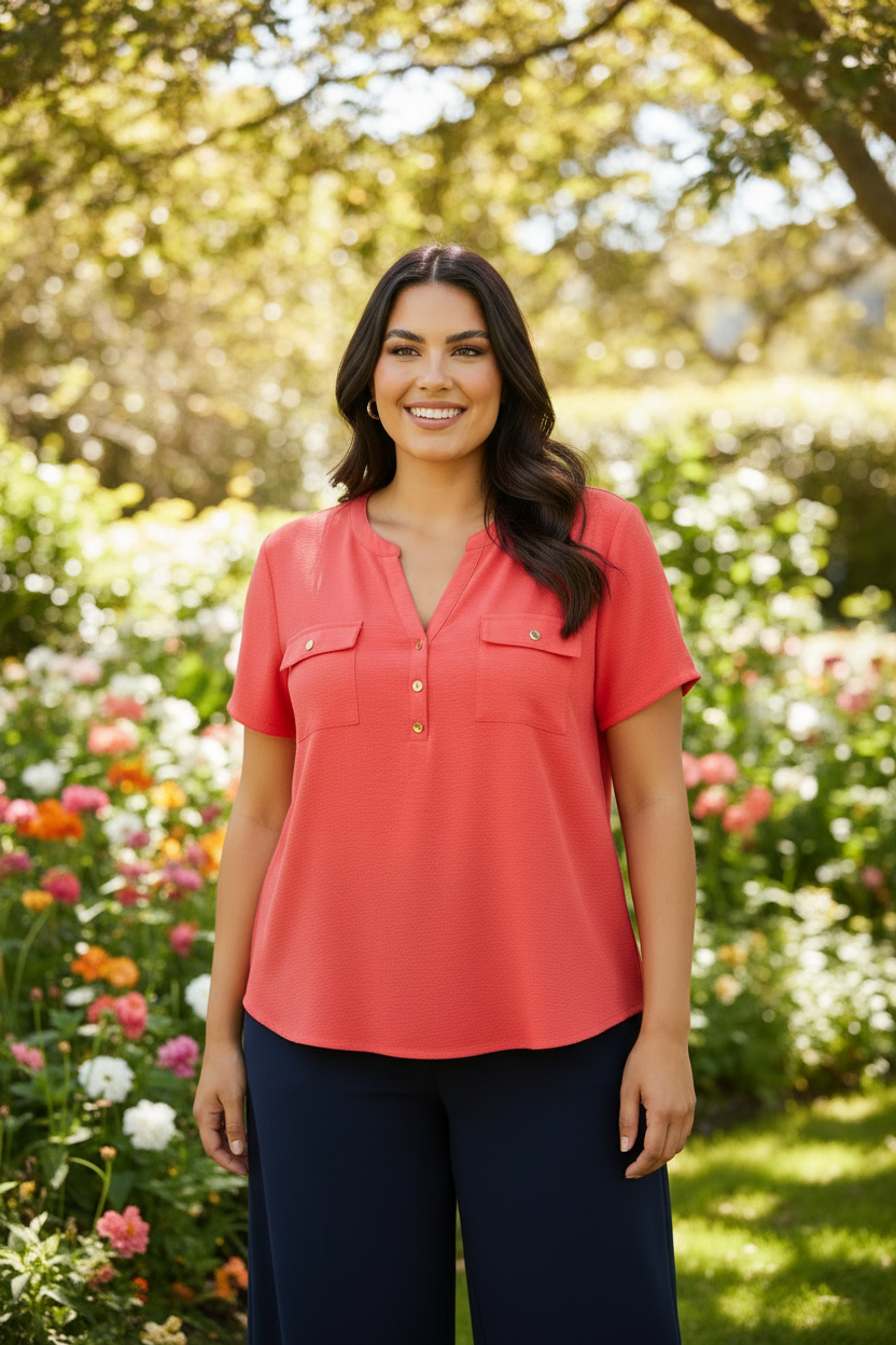 blouse manches courtes - fluide - armand thiery - taille xl - idéal 44 -rose corail - élégant - Neuve