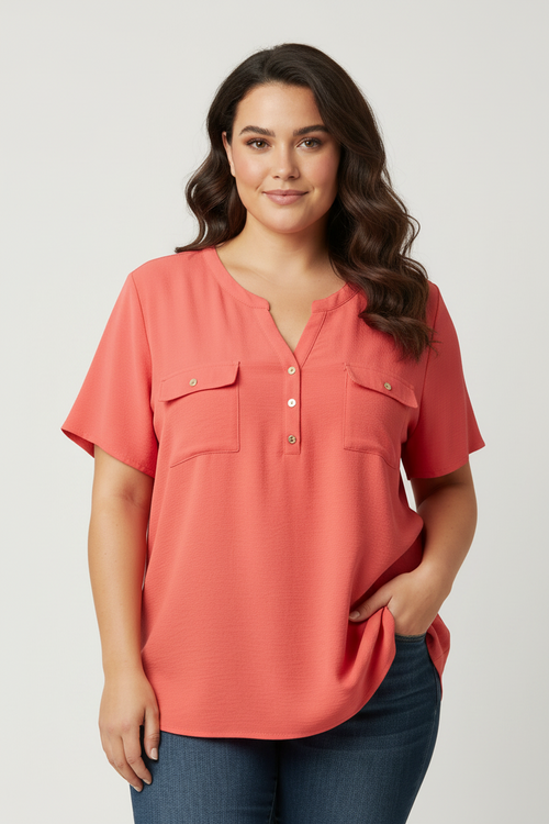 blouse manches courtes - fluide - armand thiery - taille xl - idéal 44 -rose corail - élégant - Neuve
