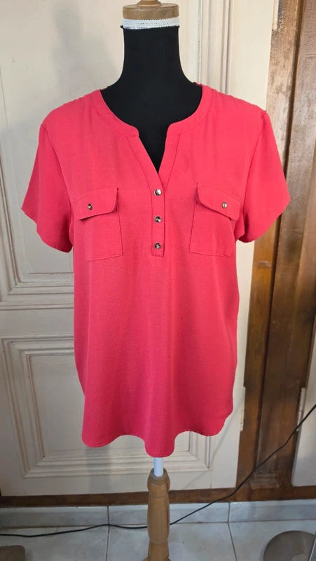 blouse manches courtes - fluide - armand thiery - taille xl - idéal 44 -rose corail - élégant - Neuve