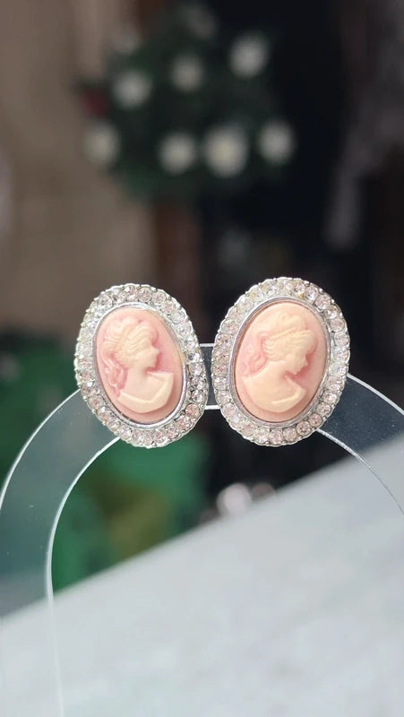 boucles d'oreilles-  clip -  vintage- médaillon camée rose strass argenté