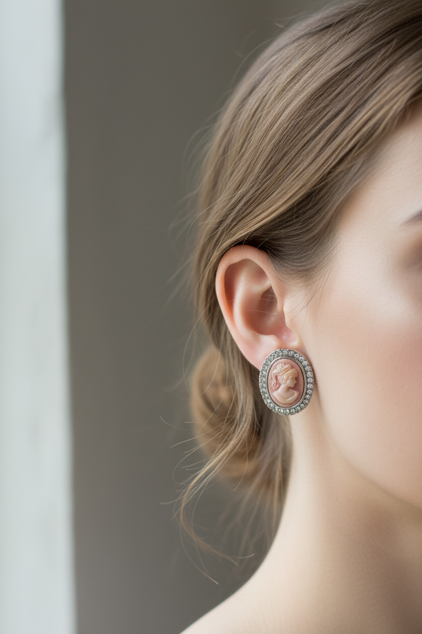 boucles d'oreilles-  clip -  vintage- médaillon camée rose strass argenté