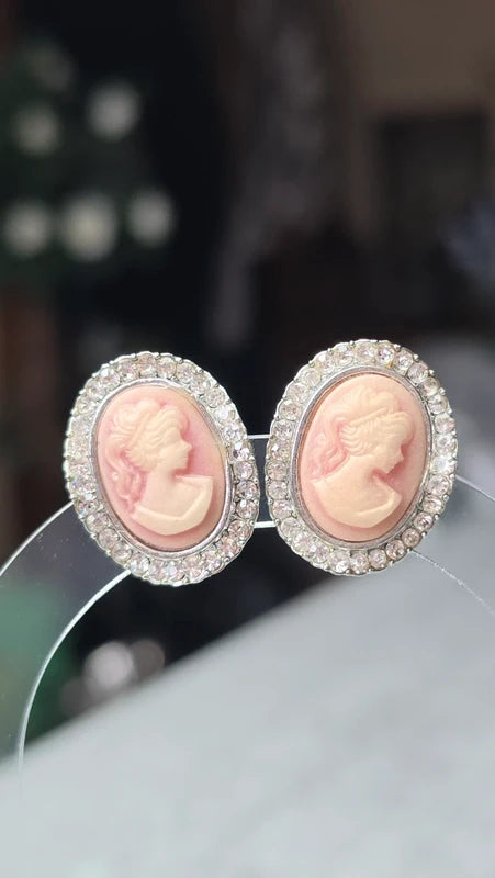boucles d'oreilles-  clip -  vintage- médaillon camée rose strass argenté