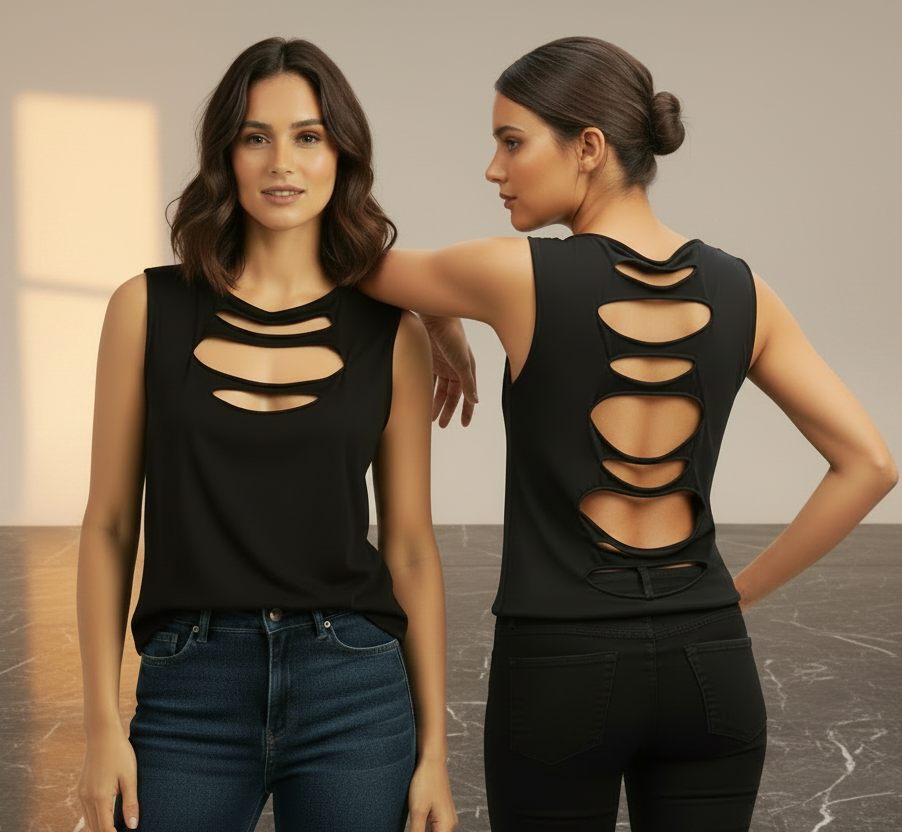 débardeur noir - taille L 40 42 - très original - altenative - ajouré devant et dos