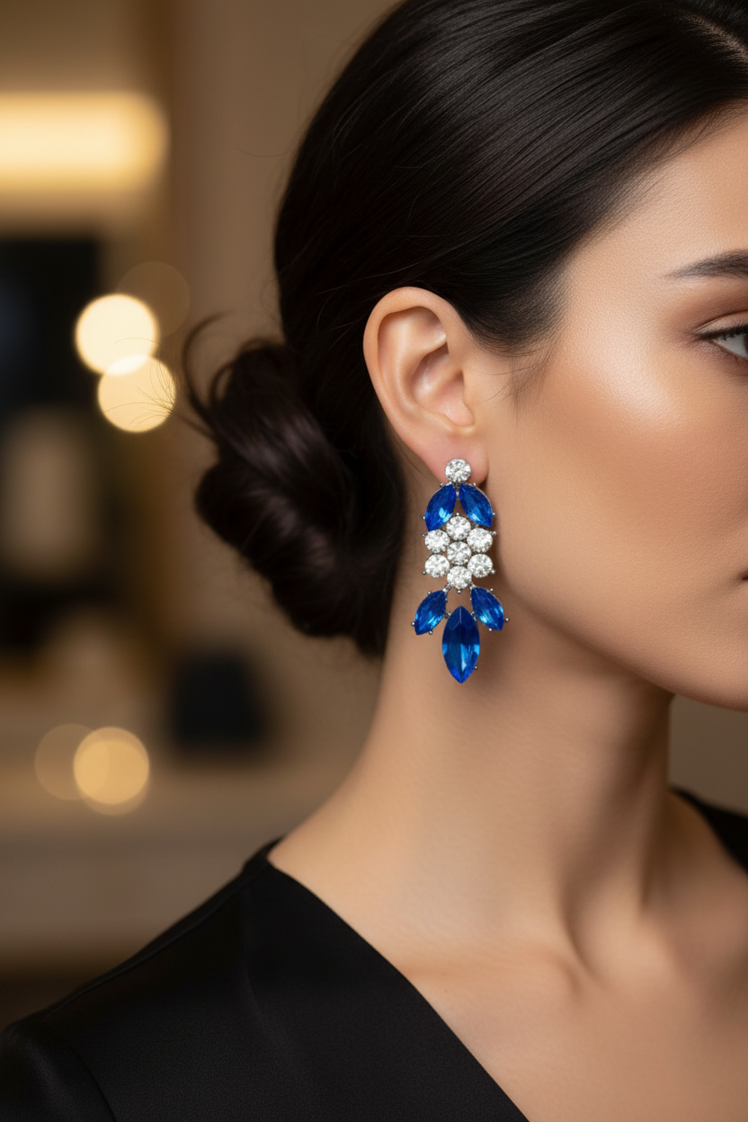 boucles d'oreilles - strass argenté bleu intense vif - fleur - grappe -  oreilles percées