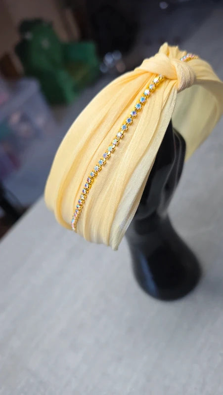 serre tête jaune clair strass noeud femme ou fille brillant tissu satiné