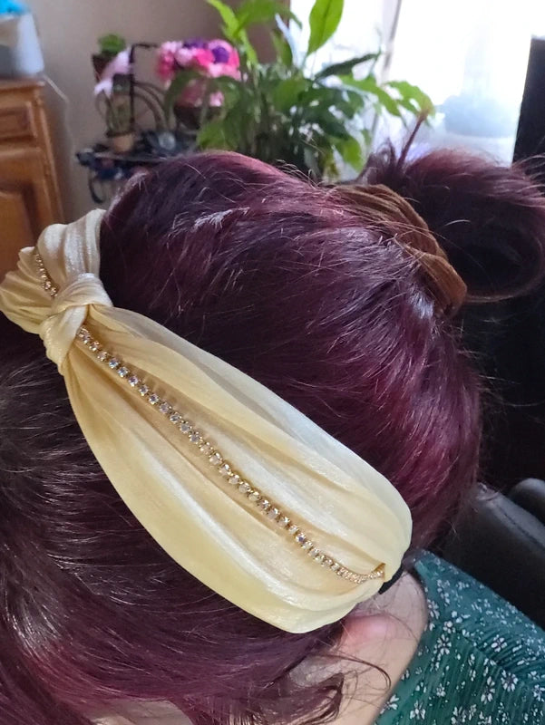 serre tête jaune clair strass noeud femme ou fille brillant tissu satiné