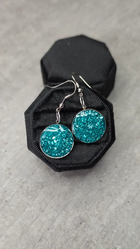 boucles d'oreilles rondes - éclat de pierre bleu turquoise - effet relief brillant - acier inoxydable
