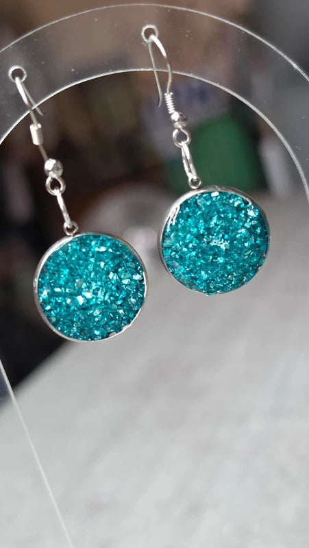 boucles d'oreilles rondes - éclat de pierre bleu turquoise - effet relief brillant - acier inoxydable