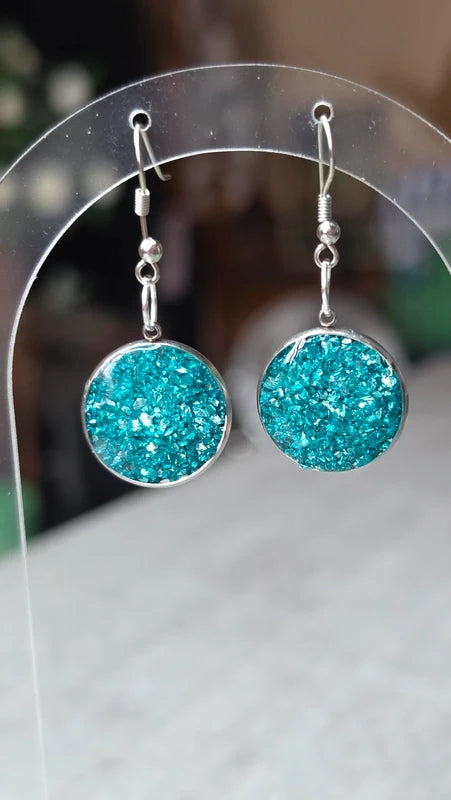 boucles d'oreilles rondes - éclat de pierre bleu turquoise - effet relief brillant - acier inoxydable