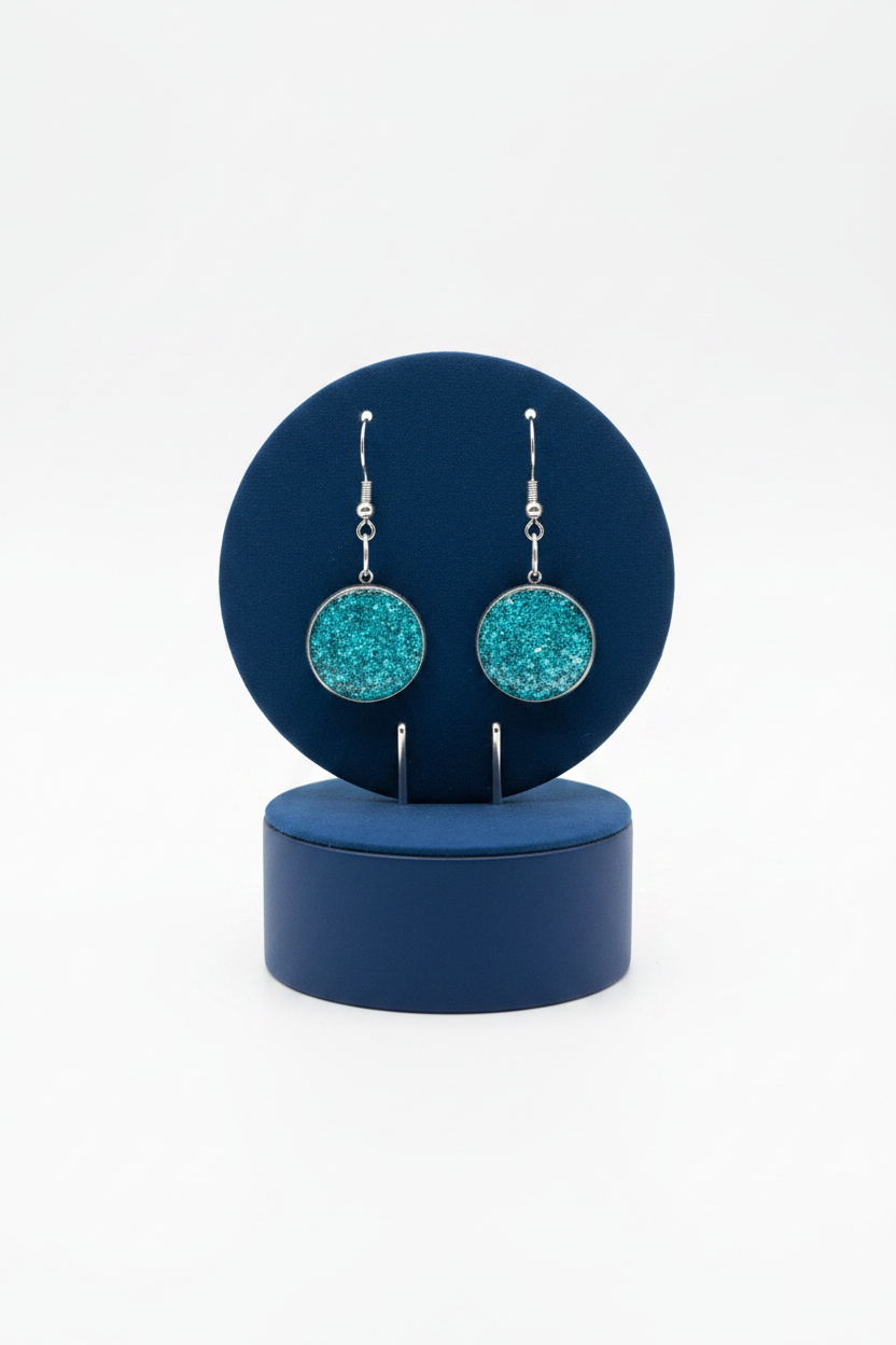 boucles d'oreilles rondes - éclat de pierre bleu turquoise - effet relief brillant - acier inoxydable