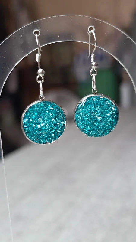 boucles d'oreilles rondes - éclat de pierre bleu turquoise - effet relief brillant - acier inoxydable