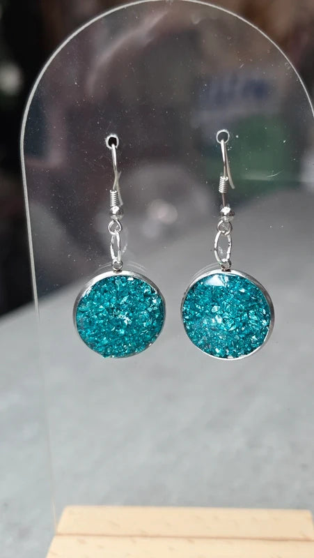 boucles d'oreilles rondes - éclat de pierre bleu turquoise - effet relief brillant - acier inoxydable