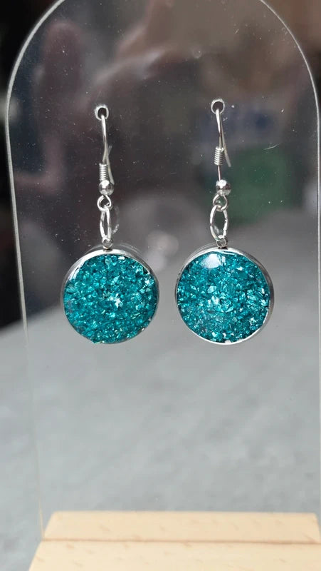 boucles d'oreilles rondes - éclat de pierre bleu turquoise - effet relief brillant - acier inoxydable