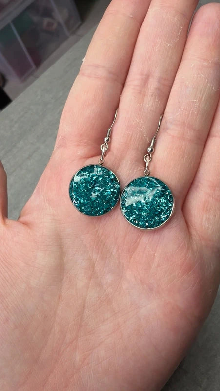 boucles d'oreilles rondes - éclat de pierre bleu turquoise - effet relief brillant - acier inoxydable