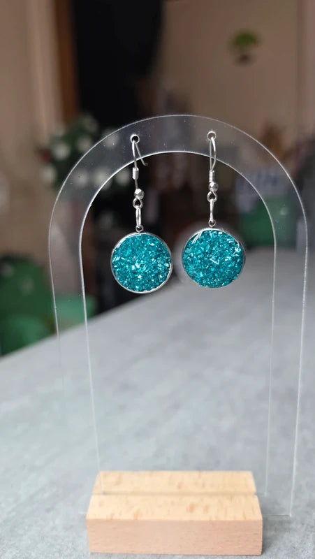 boucles d'oreilles rondes - éclat de pierre bleu turquoise - effet relief brillant - acier inoxydable