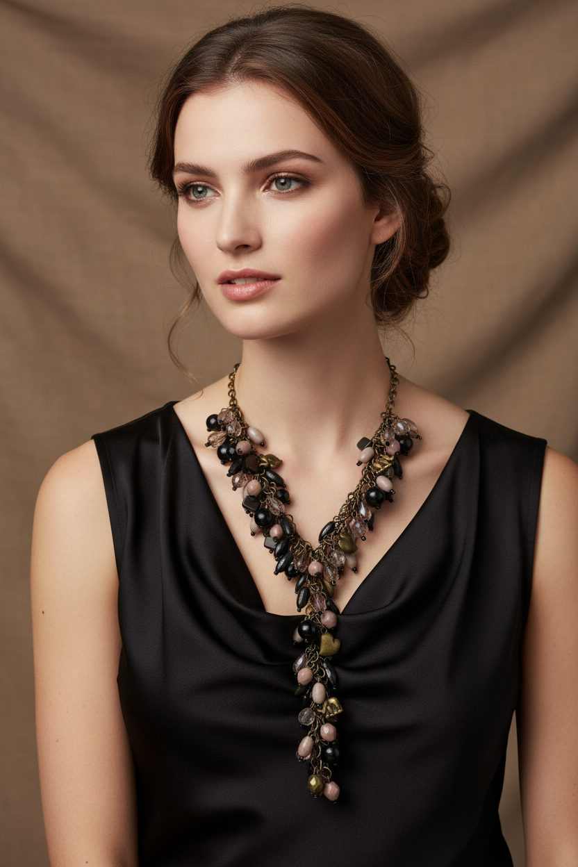 collier vintage - effet cravate - plastron long - perles noir rose beige doré - charms pampilles breloques