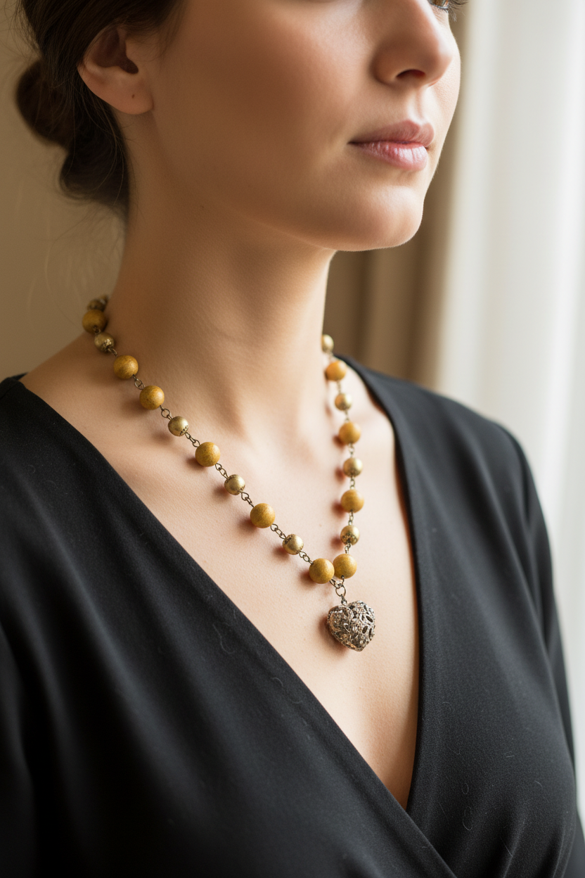 collier vintage - perles doré - pendentif coeur ajouré - strass bronze