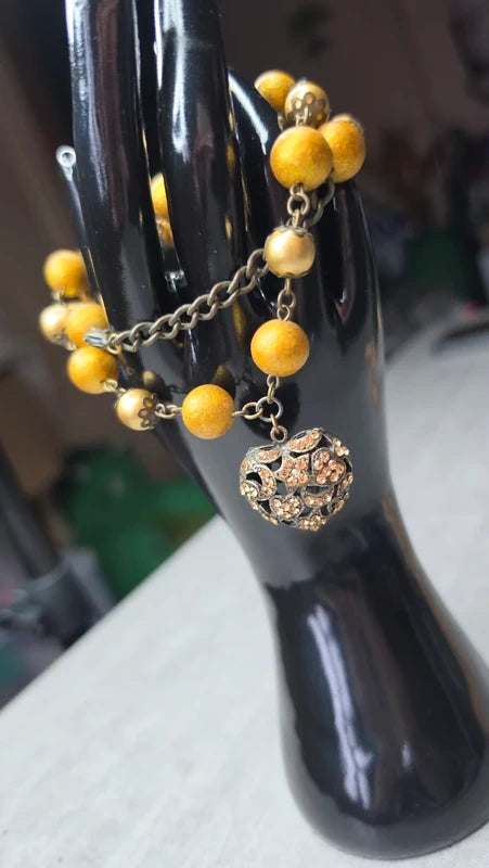 collier vintage - perles doré - pendentif coeur ajouré - strass bronze