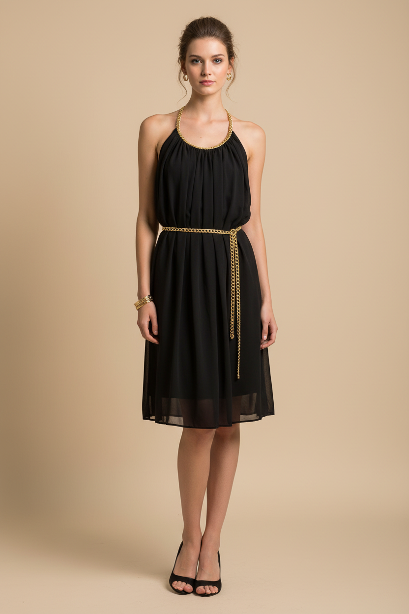superbe robe noire - ceinture tresse doré - taille unique - large plage été - élégante - taille unique 38 au 46