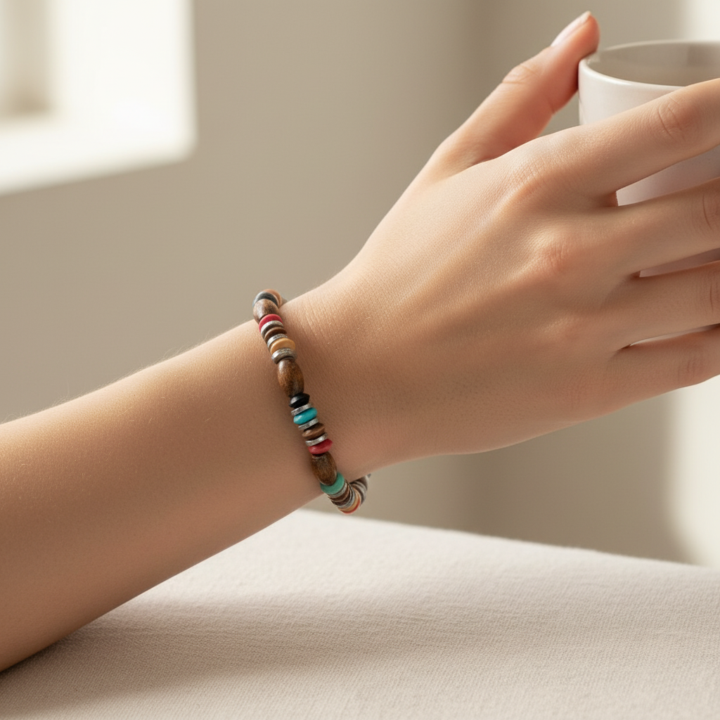 bracelet vintage - perles bois coloré - argenté - élastique - rose ou bleu - nature - mixte homme femme