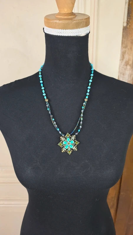 collier vintage - bleu turquoise vert perles strass - brillant - pendentif fleur