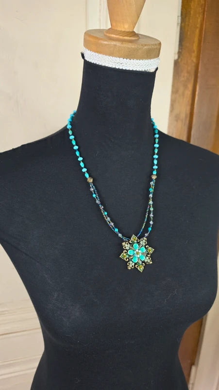 collier vintage - bleu turquoise vert perles strass - brillant - pendentif fleur