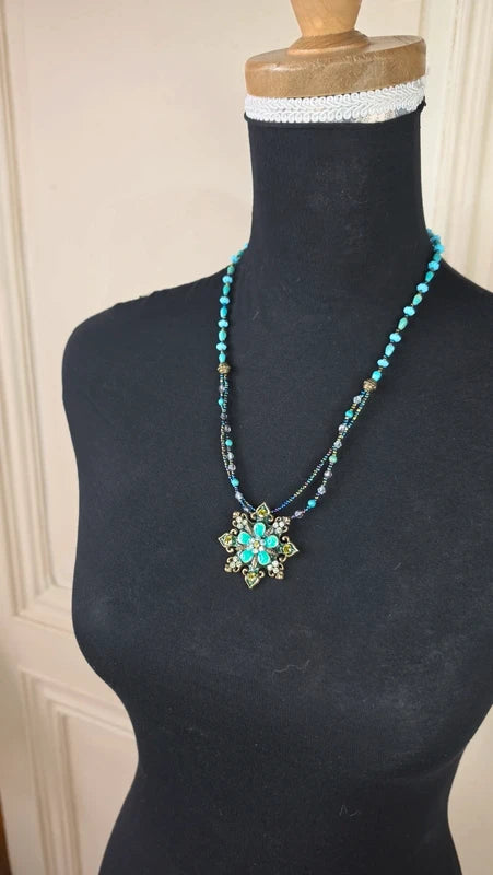 collier vintage - bleu turquoise vert perles strass - brillant - pendentif fleur