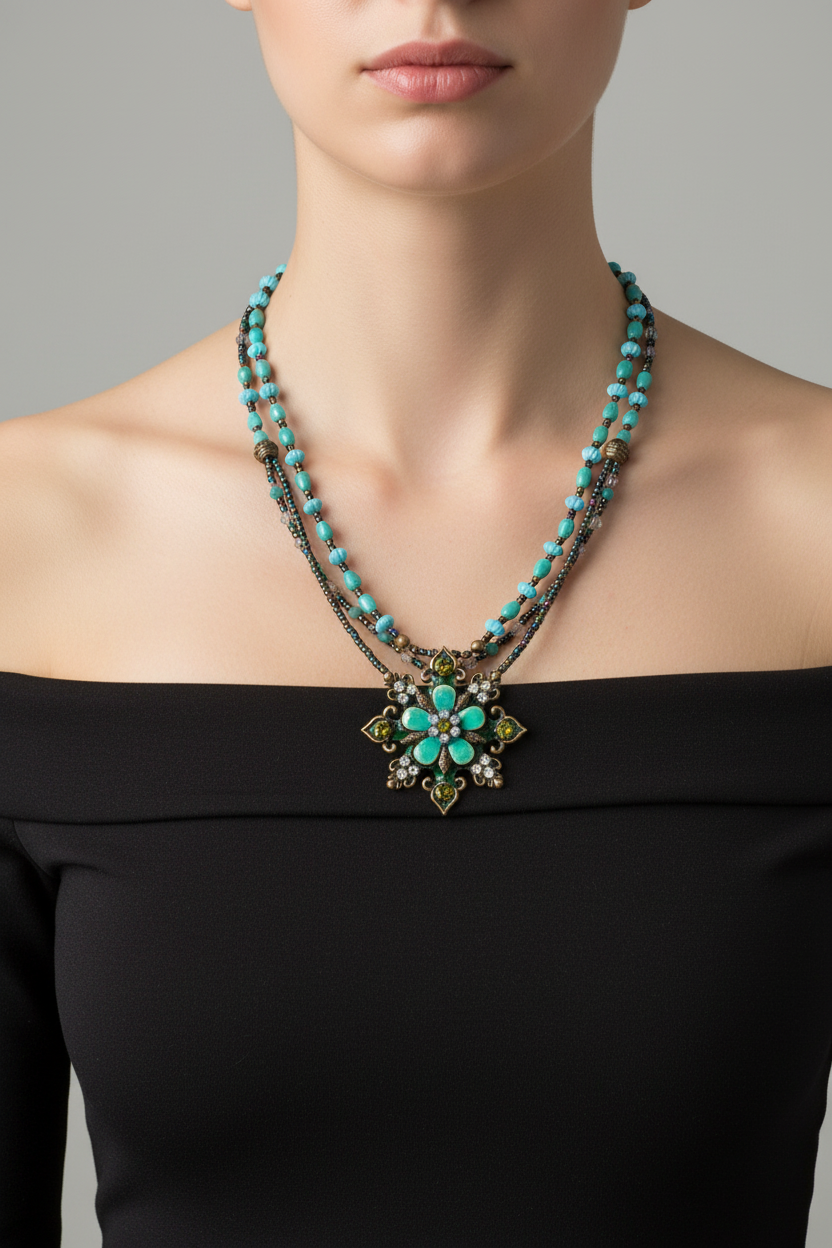 collier vintage - bleu turquoise vert perles strass - brillant - pendentif fleur