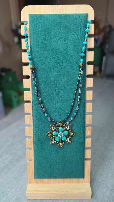 collier vintage - bleu turquoise vert perles strass - brillant - pendentif fleur
