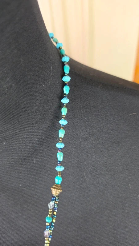 collier vintage - bleu turquoise vert perles strass - brillant - pendentif fleur