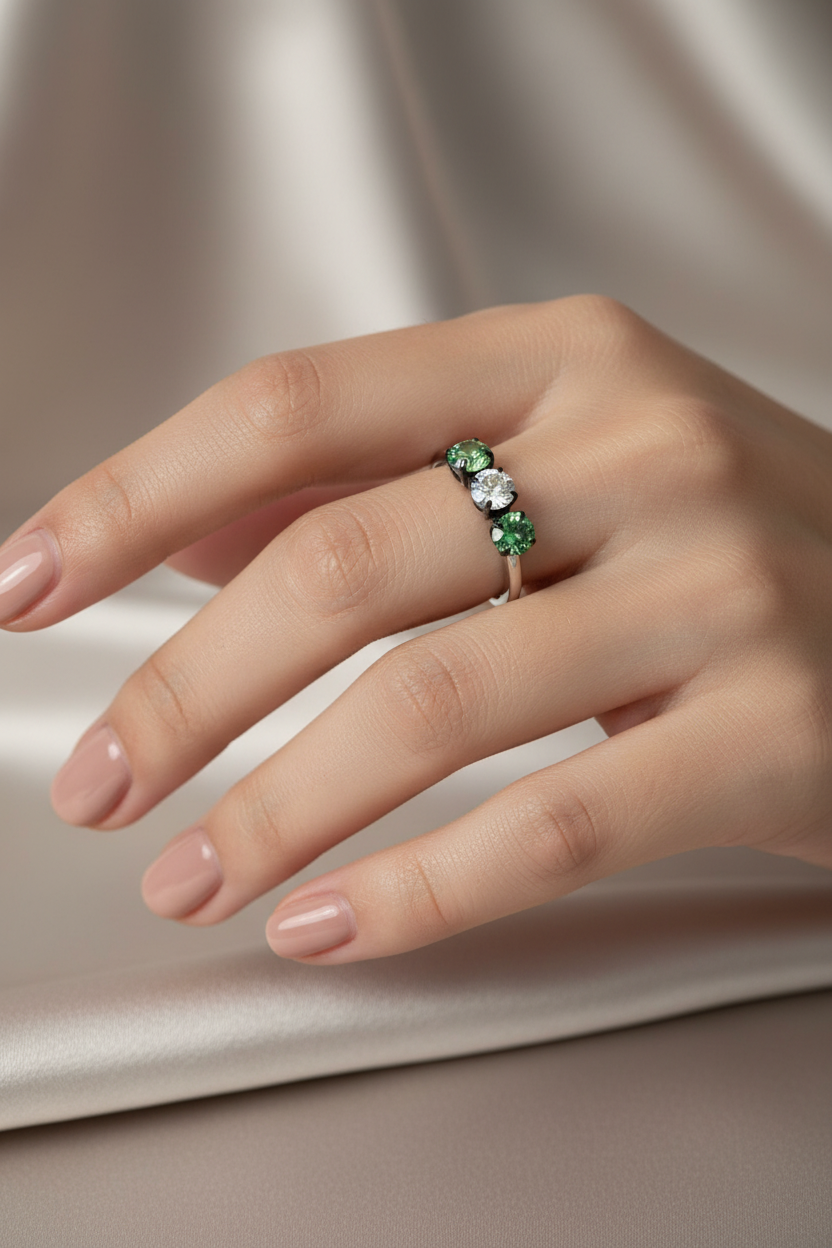 bague vintage noirec- trio pierre verte - strass brillant dégradé - ajustable - y2k
