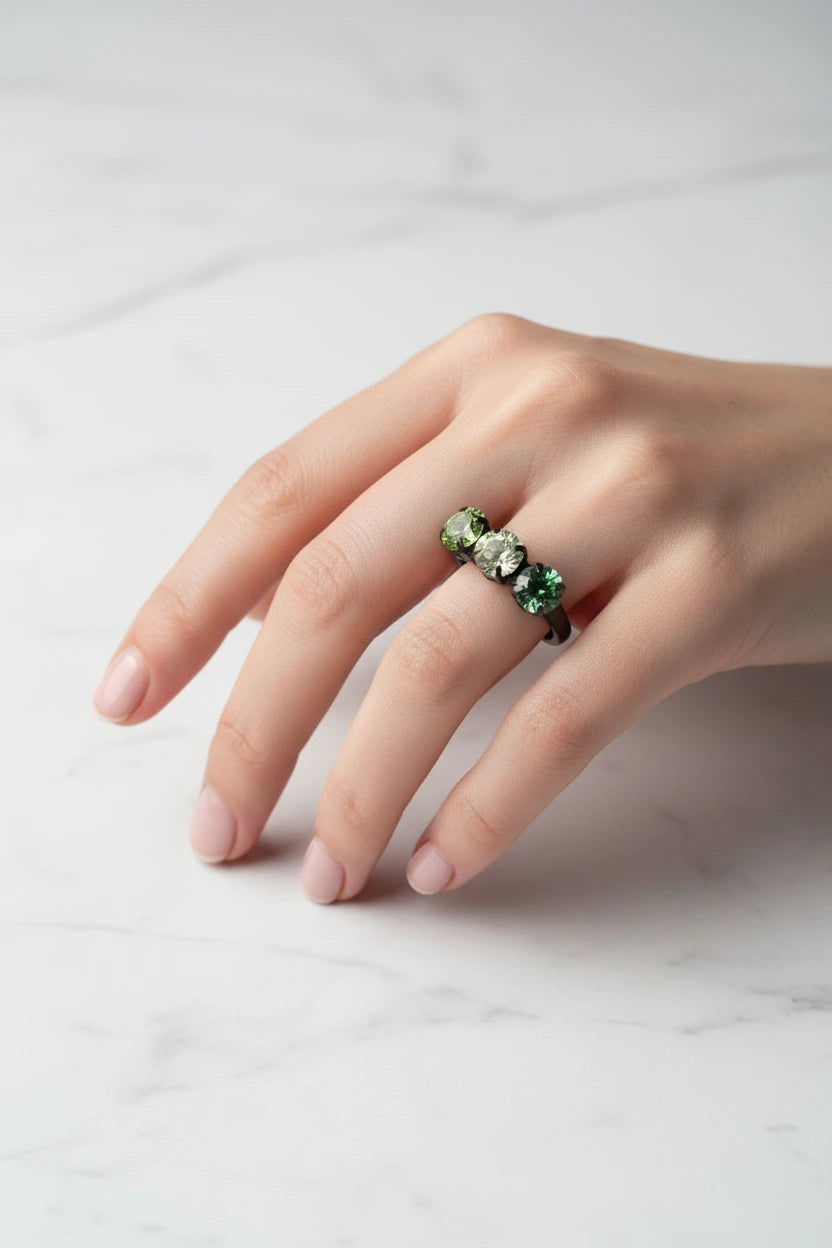 bague vintage noirec- trio pierre verte - strass brillant dégradé - ajustable - y2k
